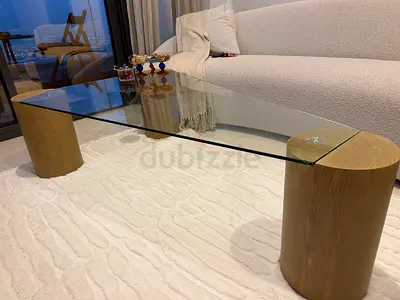 Modern Glass Top Coffee Table with Oak Cylindrical Legs