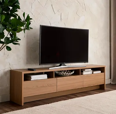 Low Wooden TV Unit / Entertainment Console - Light Oak Finish