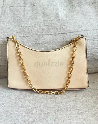Mango Beige leather shoulder bag with gold chain handle