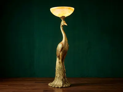 Antique-style BIG Peacock Floor Lamp with Onyx Bowl Shade