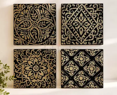 Set of 4 Black  Gold Decorative Wall Tiles - Floral/Geometric Design