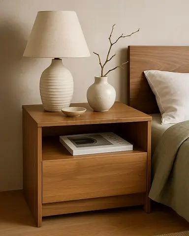 Modern Wooden Nightstand with Open Shelf and Drawer