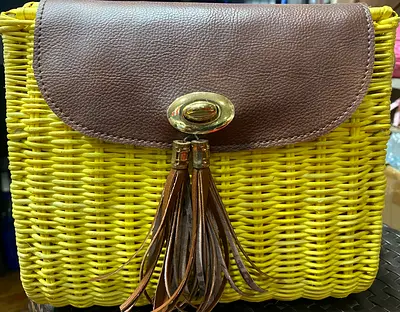 Yellow Wicker Crossbody Bag with Brown Leather Flap  Tassel