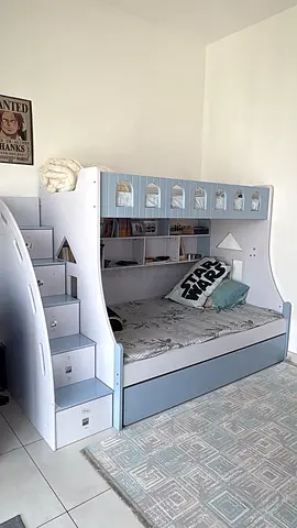 White  Light Blue Kids Bunk Bed with Storage and Shelves with matress