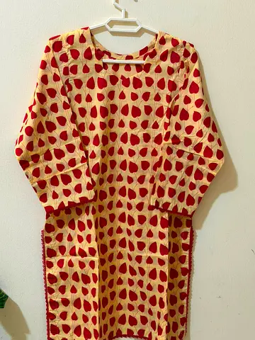 Beige kurta with red leaf print - size M pakistan dress