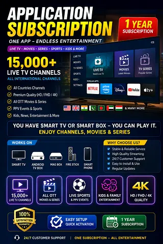 1 Year Subscription — 15,000+ Live Channels, 4K, Smart TV/Box/Firestick Compatible