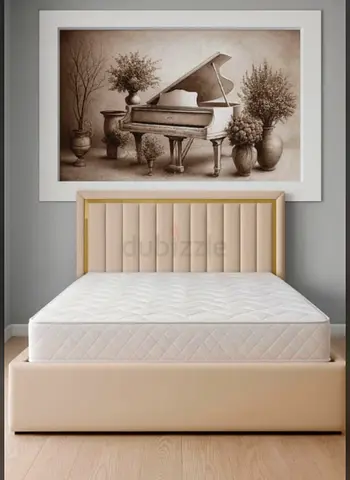 Beige Upholstered Queen Bed Frame with Mattress - Good Condition