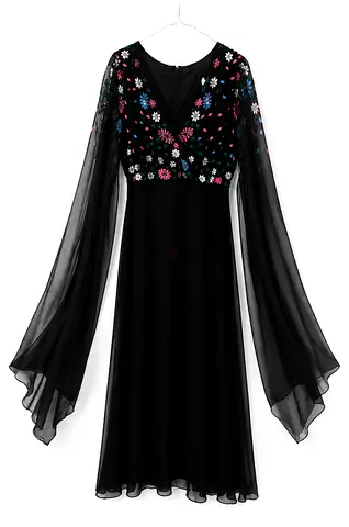 Black chiffon dress with floral embroidery and flowing bell sleeves