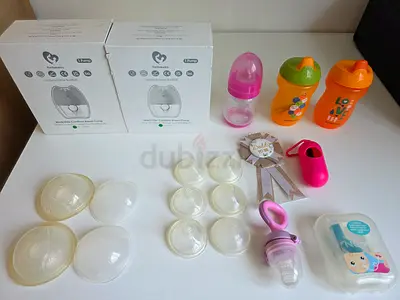Mixed baby feeding set: bottles, sippy cups, pacifier feeder and pump accessories (used)