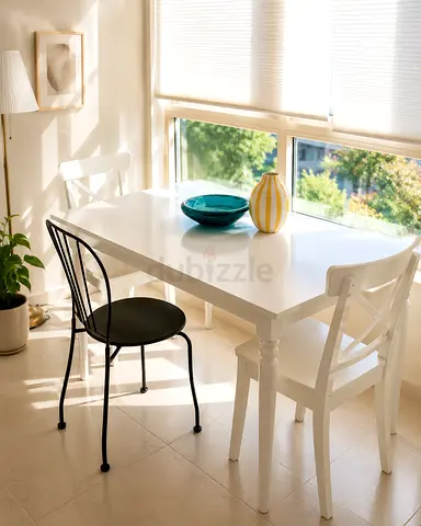 White Dining Table with 3 Mixed Chairs — Good Condition