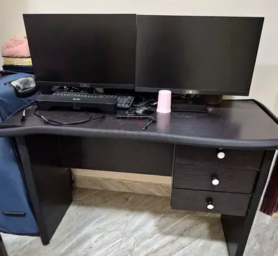 Compact dark wood computer desk with 3 drawers