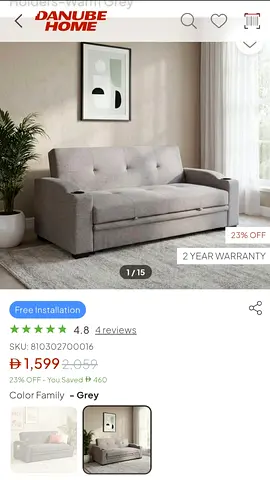 Grey 2-Seater Convertible Sofa Bed with Storage (Danube Home style)