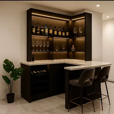 L-shaped home bar cabinet with marble countertop and LED shelving