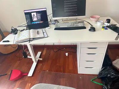 White adjustable standing desk with 4-drawer pedestal - good condition