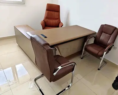 Executive Office Desk with Leather Visitor Chairs - Set of 3