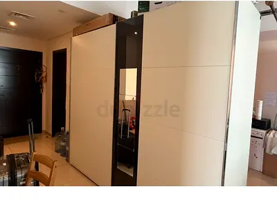 Large Modern Sliding Door Wardrobe with Mirror - White  Dark Trim