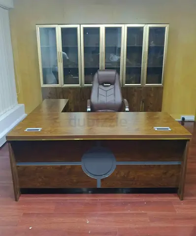 Modern L-Shaped Office Desk with Matching Cabinet and Executive Chair