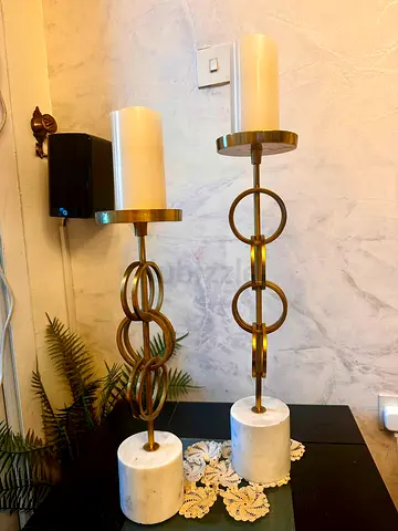 Pair of Marble Base Gold Ring Candle Holders (Set of 2)