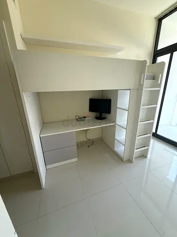 White ikea Hjalpa Bed with desk and storage unit with shelves and cabinets