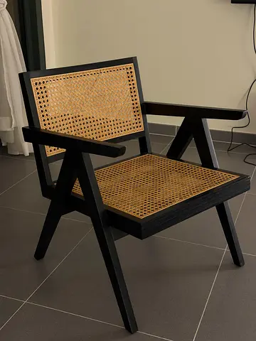 Black Wooden Chair with Woven Cane Seat and Back