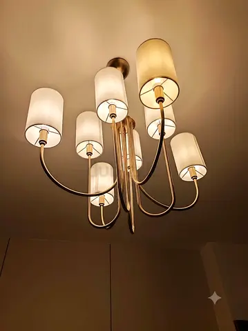 Modern 6-Arm Gold Chandelier with White Fabric Shades
