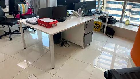 Large White and Grey double workstation desk with under-desk drawers and Separators — good condition