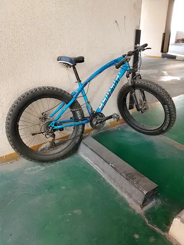 Blue mountain bike (used) - 26 fat tires, disc brakes