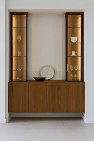 Wall-mounted wooden display cabinet with glass shelves and lighting