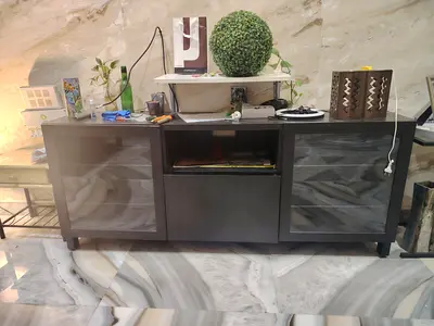 Wooden TV Entertainment Unit with Glass Doors - Dark Finish