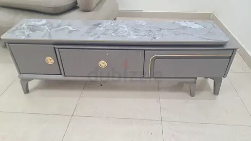 Grey TV Console / Coffee Table with Marble Top and Drawers