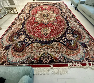 Large Persian-style Red  Navy Area Rug — Good Used Condition