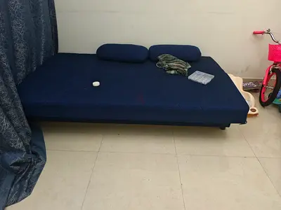 Dark blue fabric sofa bed - simple, good condition foldable bed come sofa with storage space