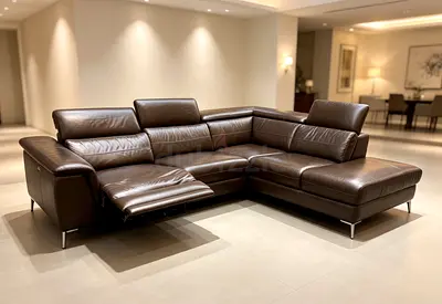 Genuine Brown Leather L-Shaped Corner Sofa with Recliner — Excellent Condition