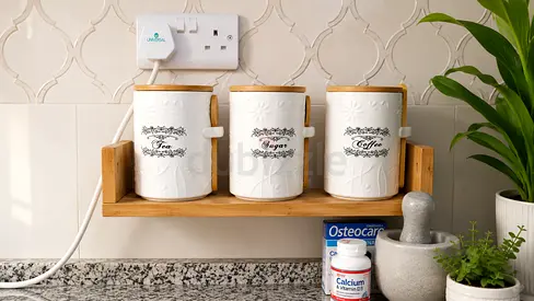 Wooden Countertop Spice/Canister Rack with 3 Ceramic Jars