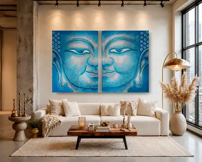 Blue Silver Buddha Paintings with Nazar Eye protection -2 pieces each 75x100cm