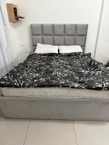 Grey upholstered Queen Size bed padded headboard with mattress 150X200cm