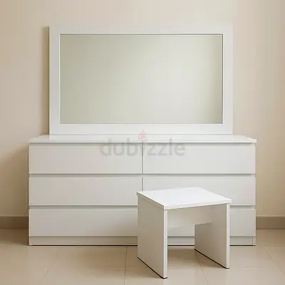 White dresser with mirror and stool - modern 6-drawer bedroom set