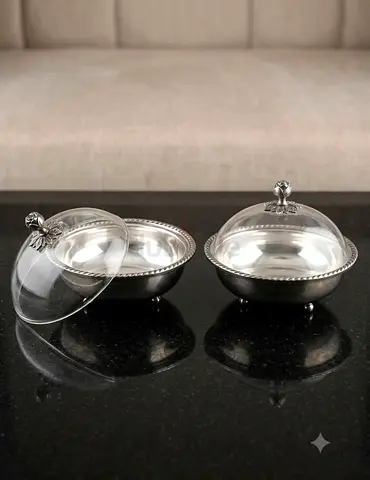 Set of 2 Decorative Covered Serving Bowls (Silver-tone)