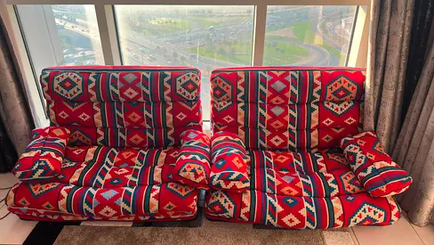 Red Patterned Floor Sofa Set - 2 Low Seating Units with Cushions