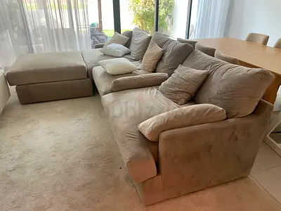 Large Beige L-Shaped Fabric Sofa with Ottoman - Comfortable Family Couch