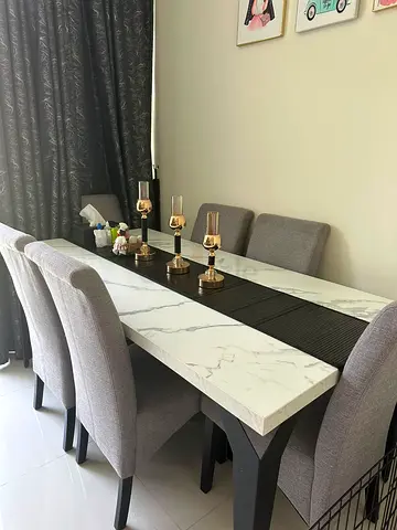 Marble look Dining Table with 6 Upholstered Chairs - Good Condition