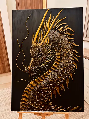 Handcrafted Gold-on-Black Dragon Relief Artwork on Canvas