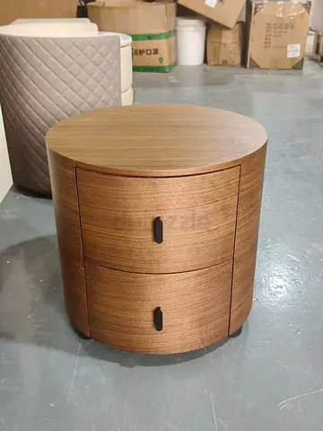 Round Wooden Bedside Table with 2 Drawers - Light Walnut Finish