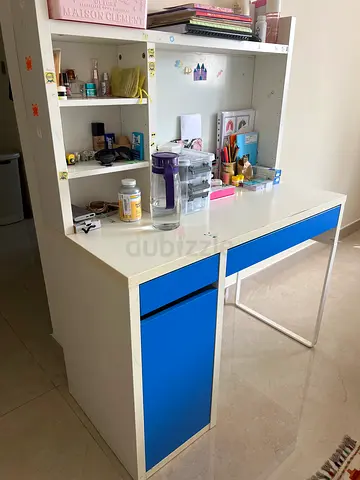 IKEA white desk with blue drawers and shelving unit - good condition