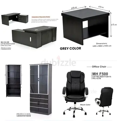 Office Furniture Set: Executive Desk, Storage Cabinets  Ergonomic Chair - Grey/Black