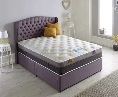 Queen size divan bed with storage and mattress - grey upholstered