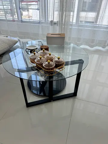Round Glass Coffee Table with Black Metal Frame - Modern Design