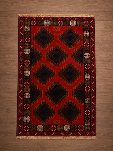 Handmade Red Geometric Persian-Style Rug — 140 x 85