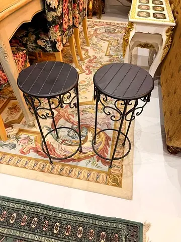 Pair of Decorative Round Metal Side Tables/stools - Dark Wood Top