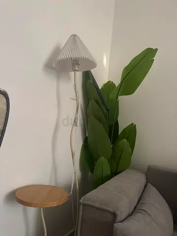 IKEA Floor Lamp with Wooden Base — White Pleated Shade